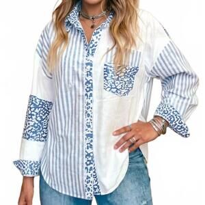 NEW SHEWIN leopard striped patchwork button up shirt in sky blue